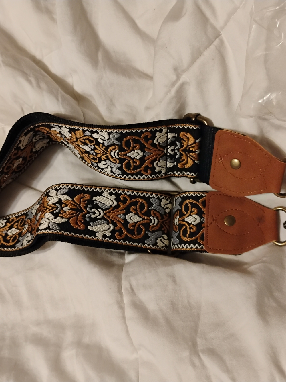 Elegant Black & Gold Woven Guitar Strap with Brown Leather Ends